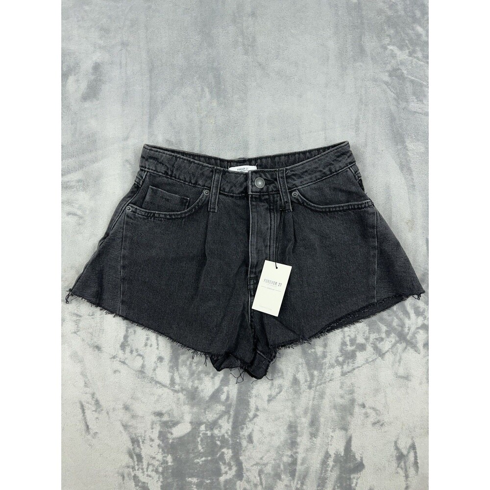 FOREVER 21 Premium Black Denim Shorts High Rise Cut Off Frayed Hem Womens Sz 25